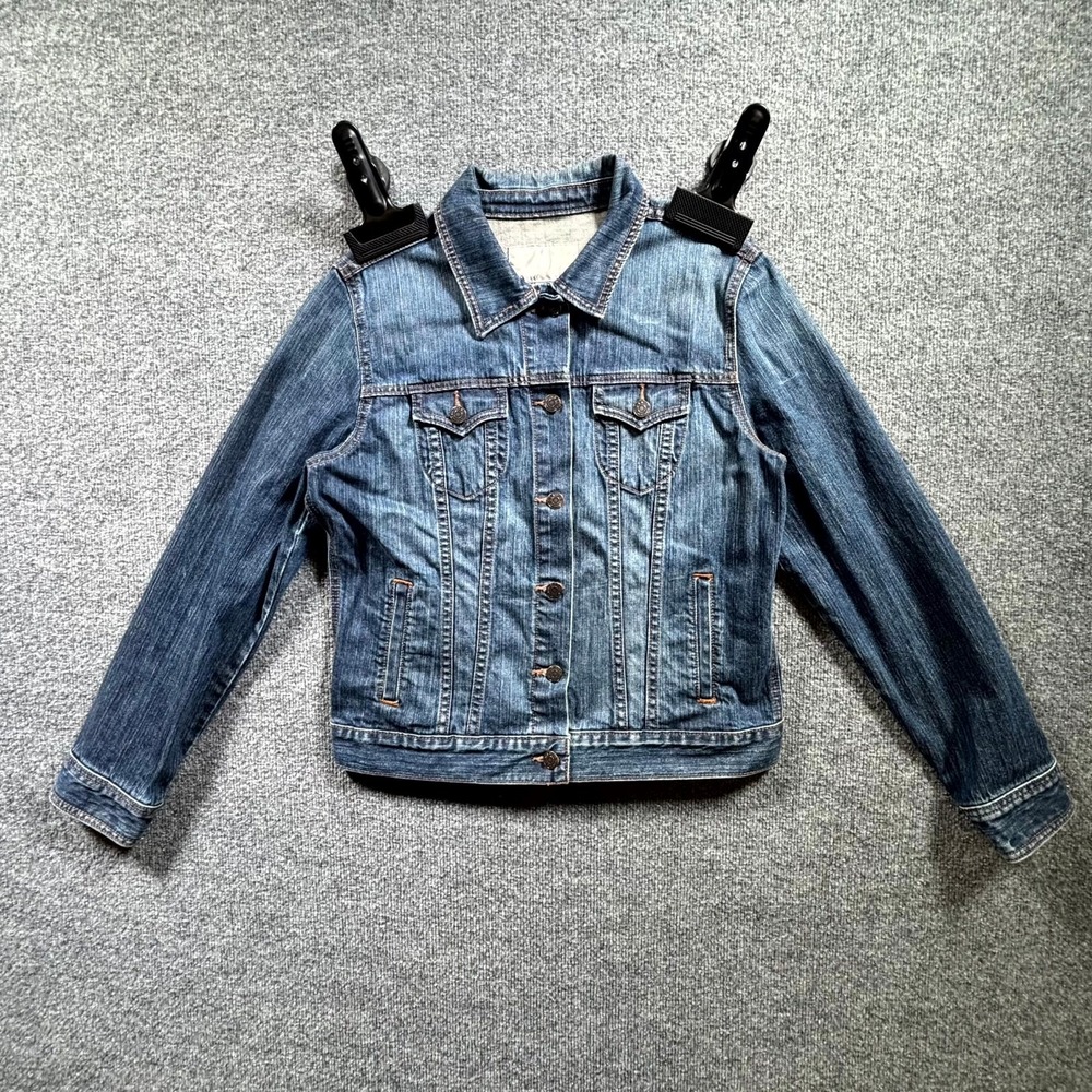 Old Navy Trucker Jacket Womens Large Blue Denim Cotton Flap Pockets Button Front
